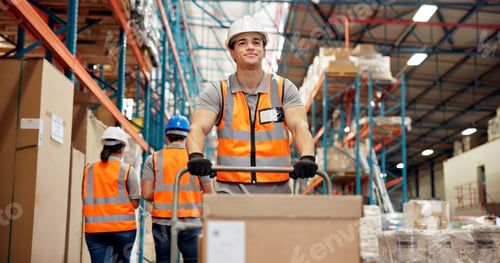 Preview: Logistics, trolley and man in warehouse with box, shipment prep or inventory management in delivery