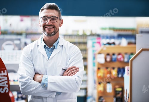 Preview: Happy, arms crossed and portrait of man in pharmacy for medicine, service and healthcare