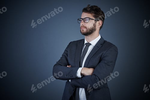 Preview: Thinking, glasses and businessman with arms crossed, studio and career development