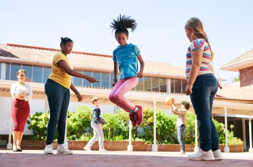 Preview: Break, rope and children jumping at school for learning recess, social development and supervision