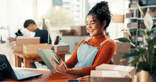 Preview: Smile, woman and reading on tablet for distribution checklist, courier update and supply chain