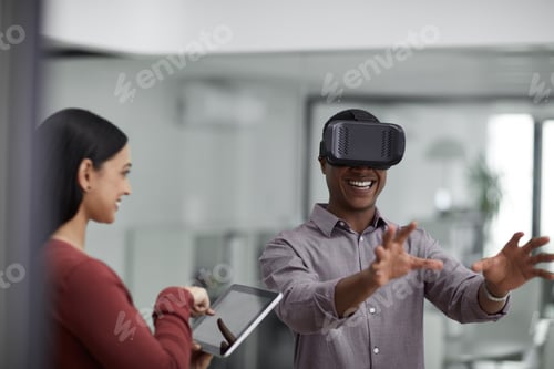 Preview: VR, glasses or people with tablet screen in agency, testing or demo evaluation for engineering