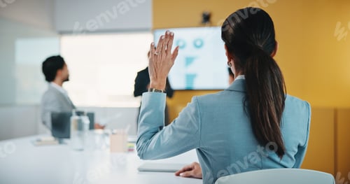 Preview: Woman, hand raised and question in presentation for business, opinion and attention with gesture