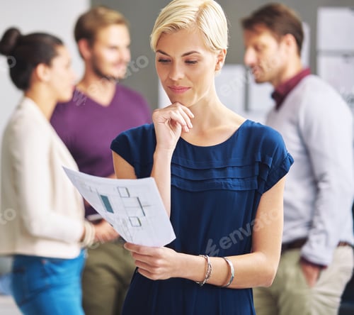 Preview: Woman, thinking or reading in office with paperwork for floor plan, interior design