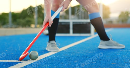 Preview: Hockey stick, ball and legs on turf for training practice, physical activity or outdoor sports game