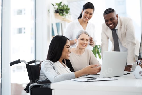 Preview: Meeting, inclusion or people in agency with laptop, budget review or ideas for funding pitch