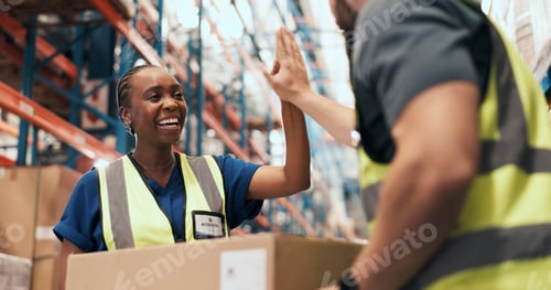 Preview: Woman, team and high five at warehouse for logistics with success, achievement