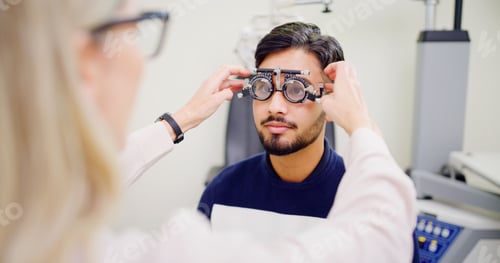 Preview: Optometrist, man or trial lens frame for eye exam, vision assessment or consultation for clear
