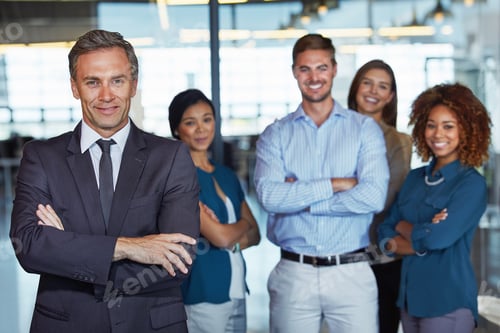 Preview: Business man, team and smile with arms crossed for legal representation, leadership or about us