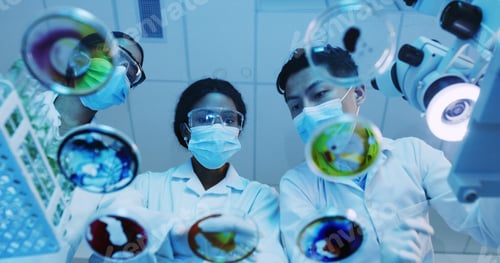 Preview: Petri dish, sample and science with people in laboratory for biology or research from below