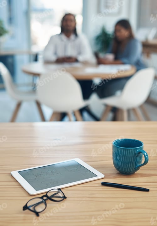 Preview: Business, meeting and tablet with coffee in office for planning, discussion or workshop