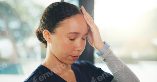 Preview: Frustrated woman, nurse and headache with stress for mistake, failure or overworked in home