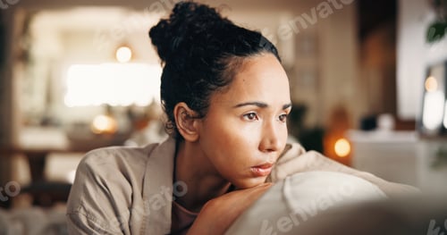 Preview: Thinking, sad and woman on sofa with nostalgia, confused mindset or mistake in wrong decision