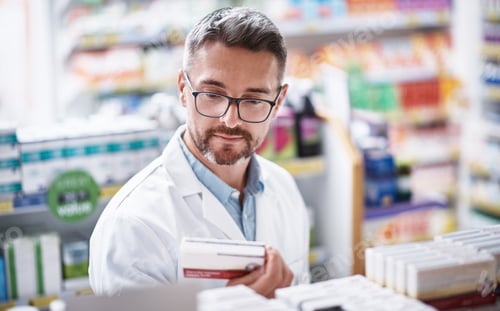 Preview: Mature man, pharmacist or checking inventory with shelf in dispensary for self service medication