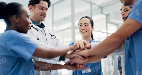 Preview: Medical, team and hands together in hospital with collaboration, connection