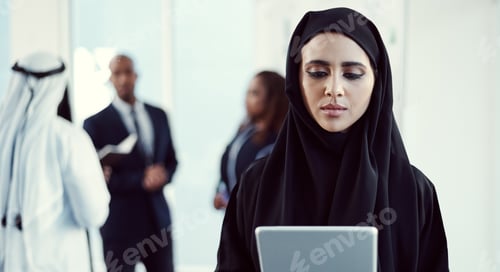 Preview: Arab, woman and reading tablet in meeting for market timing, trade execution or stocks research