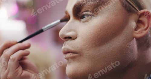 Preview: Drag performer, cosmetic or brush in dressing room for stage preparation, identity or profile