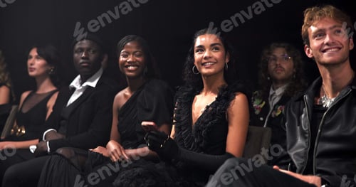 Preview: People, crowd and runway with smile for fashion show, garment collection or designer brand