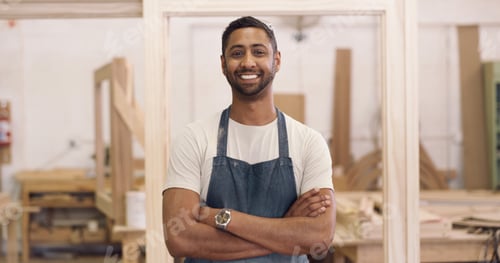 Preview: Portrait, carpentry or man with arms crossed in workshop, furniture production