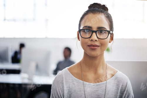 Preview: Portrait, creative agency and woman in office, glasses for clear vision and career ambition
