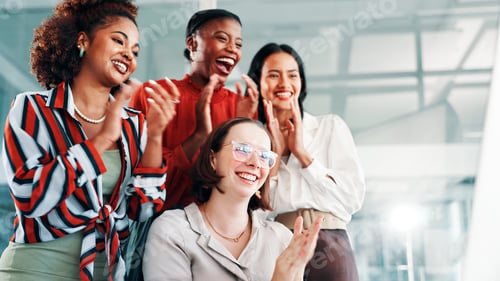 Preview: Office, celebration and business women with applause for promotion, workshop