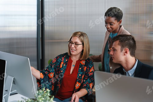 Preview: People, discussion and review in office with computer, planning and check software for web design