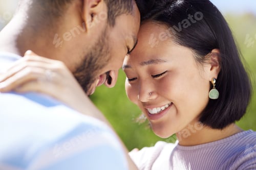 Preview: Forehead, hug and smile of Asian couple outdoor in garden together for bonding or support