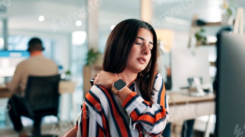 Preview: Tired, woman and computer in office with shoulder pain from burnout, fibromyalgia