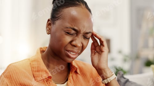 Preview: Headache, frustrated and black woman in home with tension for burnout, migraine and health risk
