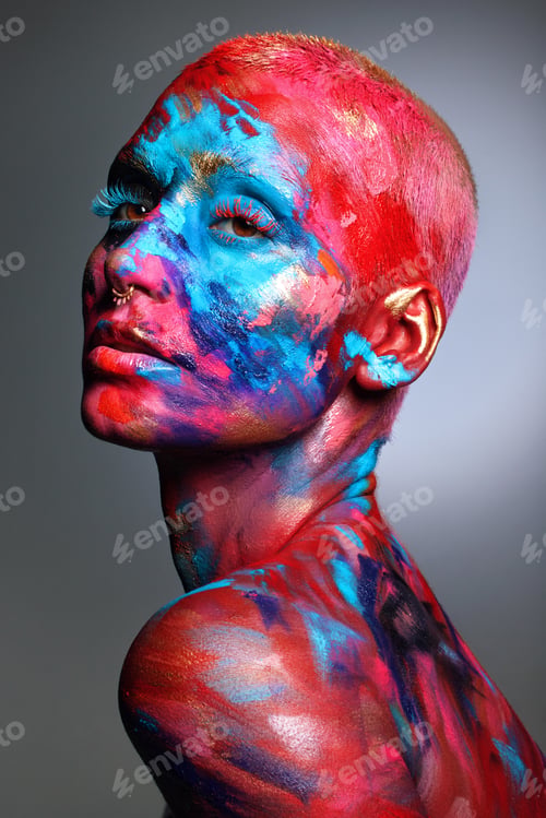Preview: Thinking, cosmetics or woman with face paint in studio, artistic aesthetic