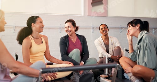Preview: Smile, people and friends talk for pilates with fitness feedback, training tips and progress