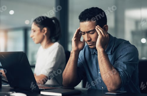 Preview: Tired, man and headache with stress on laptop for overworked pressure or deadline in office