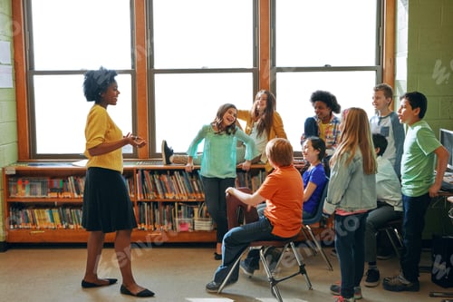Preview: Happy, children or teacher with lesson in classroom for development, guidance or knowledge