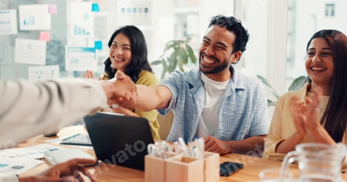 Preview: People, handshake and celebration with applause at startup, goals and success at digital agency