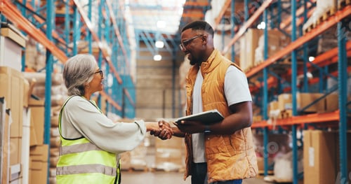 Preview: Warehouse, handshake and people with tablet for logistics, distribution and agreement with supplier