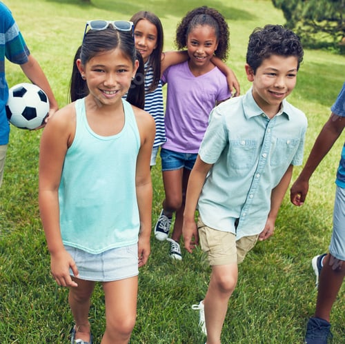 Preview: Kids, friends and happy with walking at park for weekend break, holiday adventure or bonding