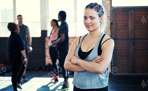 Preview: Crossed arms, fitness and portrait of woman in gym for class with training