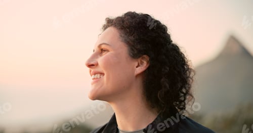 Preview: Hiking, nature and woman with smile for trekking, view and adventure with sunset