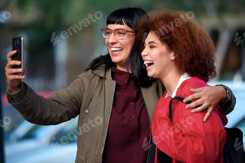 Preview: College student, selfie and smile with friends at campus for hug, bonding