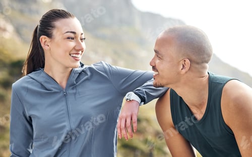 Preview: Runner, happy and break with couple outdoor for fitness team, support and health challenge