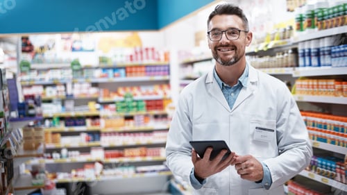 Preview: Smile, pharmacist and portrait of man with tablet for stock, medicine sales and healthcare