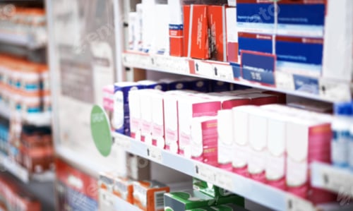 Preview: Medication, shelves and boxes in empty store for prescription, pharmaceuticals or vitamins