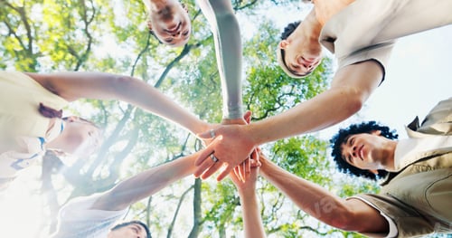 Preview: Below, hand stack and huddle with friends outdoor together for solidarity, support or unity