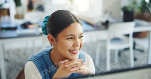 Preview: Thinking, employee and woman with computer, office and research for article on website