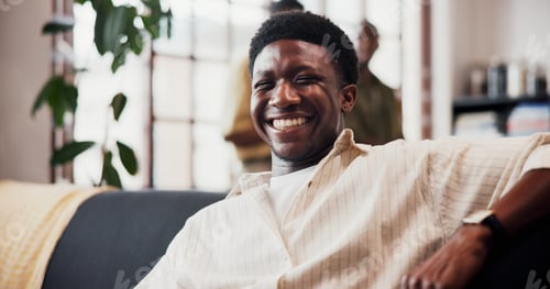 Preview: Break, portrait and visit with happy man on sofa in home living room for reunion