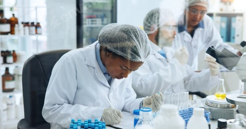 Preview: Blood sample, writing and science with woman in laboratory for medical development or research
