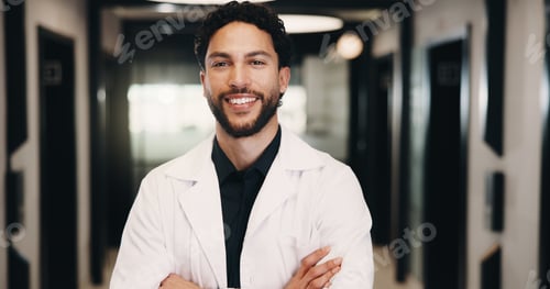 Preview: Man, doctor and portrait with confidence in hospital hallway for medical assistance, advice or help