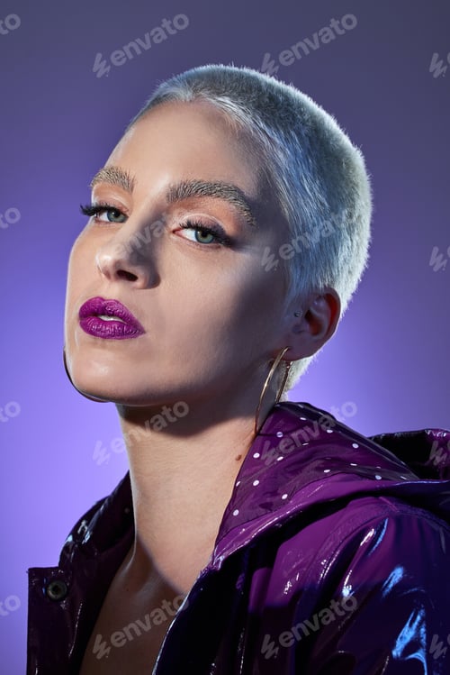 Preview: Fashion, makeup and portrait of woman in studio for colorful aesthetic or purple apparel