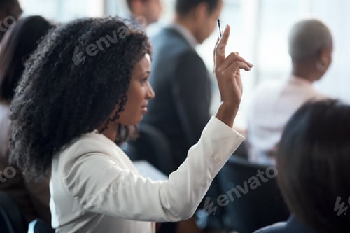 Preview: Question, meeting and businesswoman with raised arm in office with interaction