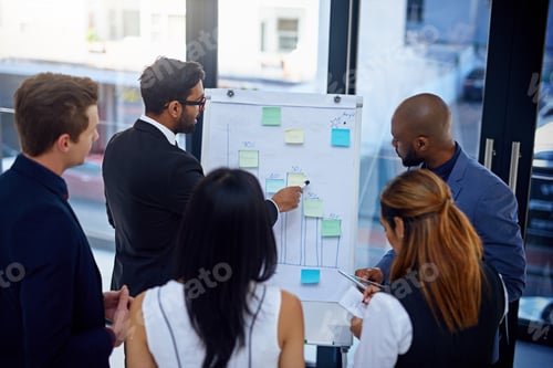Preview: Whiteboard, planning and man with business people in meeting for report, discussion and training